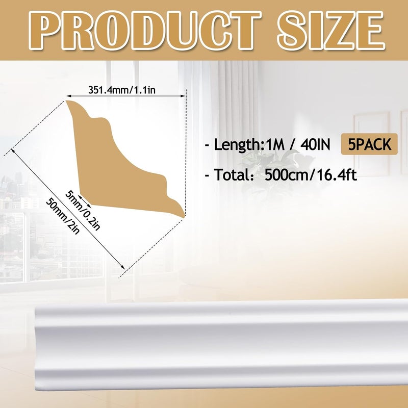 Pushglossy 5 Pcs Peel and Stick Ceiling Crown Molding Trim Total 16.4 ft Length 2" Wide Self-Adhesive Crown Molding Polystyrene Foam Ceiling Trim for DIY Wall Home Hotel Indoor Corner Craft Decor - Image 2